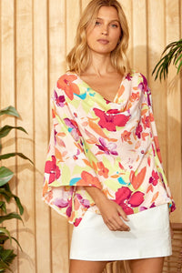 Cowl Neck Floral Print Blouse in Blush Multi Shirts & Tops Emily Wonder   