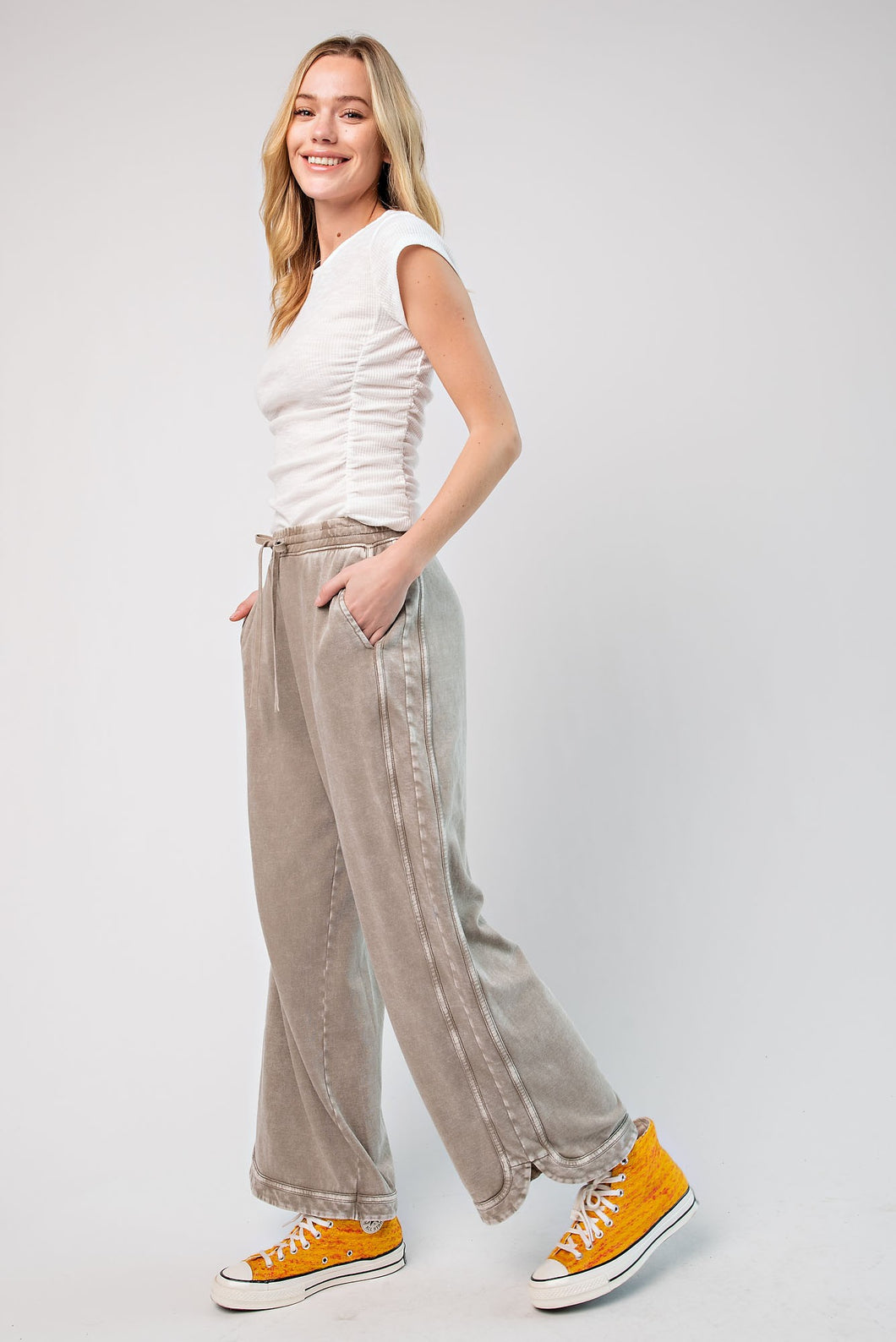 Easel Mineral Washed Terry Knit Pants in Mocha June Adel