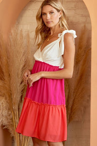 Color Block Tiered Babydoll Dress in Hot Pink Dress Andree by Unit   
