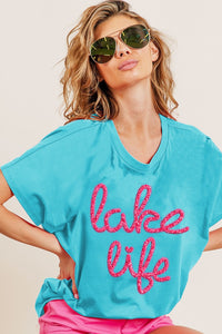 BiBi "LAKE LIFE" Metallic Letter Short Sleeve Dolman Top in Turquoise Top BiBi   