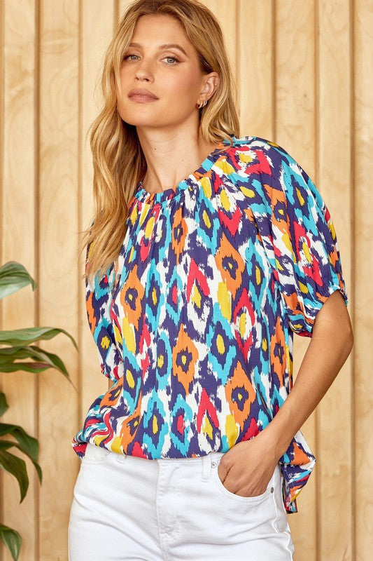 Ruffle Print Woven Top in Navy Shirts & Tops Emily Wonder   