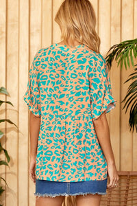 Leopard Printed Woven Top in Teal Shirts & Tops Emily Wonder   