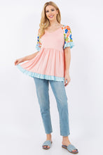Load image into Gallery viewer, Celeste V Neck Top with Floral Sleeves in Peach Top Celeste   
