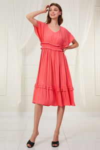 L Love Solid Color Frilled Dress in Coral Dress L Love   
