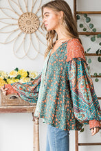 Load image into Gallery viewer, Button Front Print Mixed Blouse Top in Mint Top Oli &amp; Hali   
