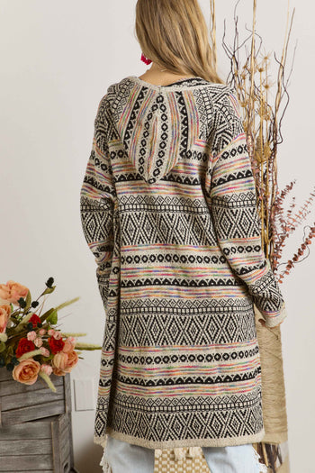 Printed Long Sleeve Loose Cardigan in Beige Cardigan Adora   