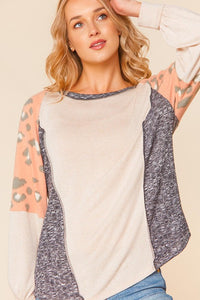 Oatmeal and Peach Color Block Top with Animal Print  Haptics   