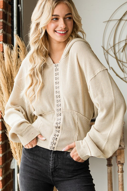 Waffle Knit Long Sleeve Top with Hook and Eye Front and Hood in Taupe Top Oli & Hali   