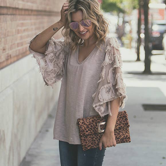 And the Why Top with Fringed Ruffle Sleeves in Taupe ON ORDER Shirts & Tops And The Why   