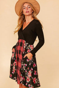 Midi Length Dress with Floral and Plaid Mixed Print Design Dress Haptics   