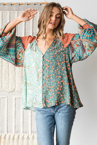 Button Front Print Mixed Blouse Top in Mint Top Oli & Hali   