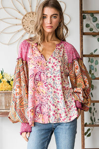 Button Front Print Mixed Blouse Top in Pink Top Oli & Hali   