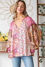 Load image into Gallery viewer, Button Front Print Mixed Blouse Top in Pink Top Oli &amp; Hali   
