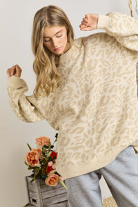 ROUND NECK LEOPARD MOCK NECK PULLOVER SWEATER IN TAUPE Top Adora   