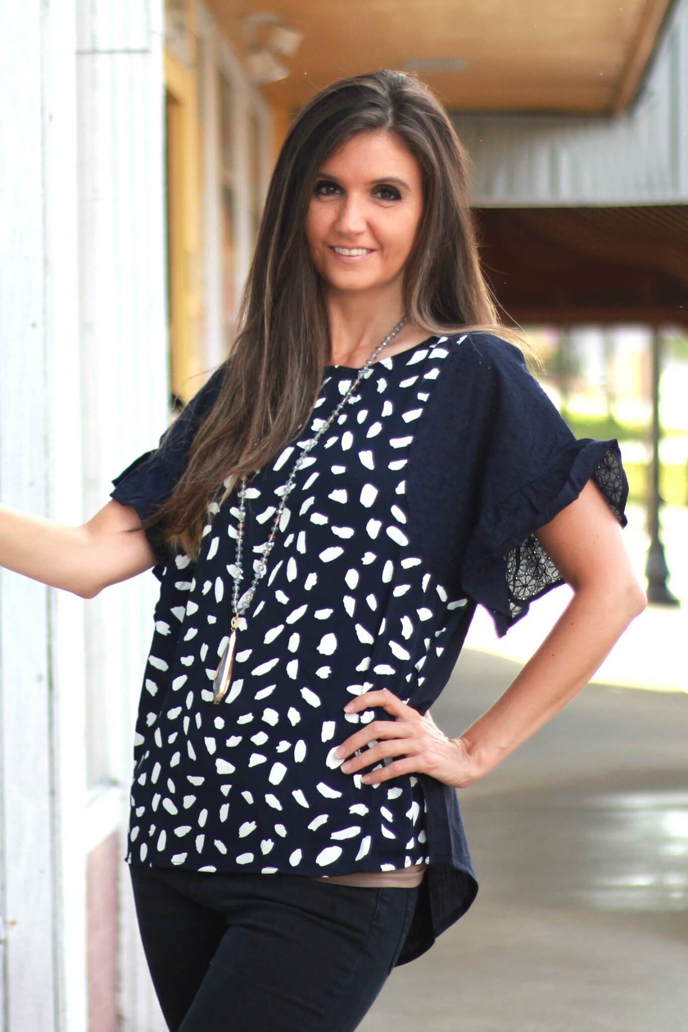 Umgee Dalmatian Printed Top in Navy with Ruffle Sleeves – June Adel