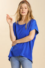 Load image into Gallery viewer, Umgee Short Sleeve Satin Top in Sapphire Blue Shirts &amp; Tops Umgee   
