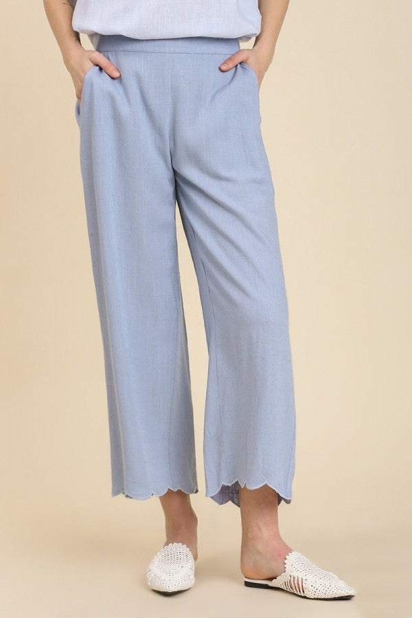 Umgee Linen Blend Pants with Scalloped Edges in Denim Pants Umgee   