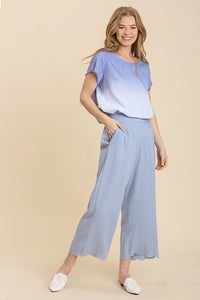 Umgee Linen Blend Pants with Scalloped Edges in Denim Pants Umgee   
