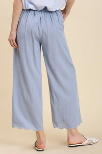 Umgee Linen Blend Pants with Scalloped Edges in Denim Pants Umgee   