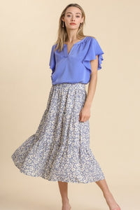 Umgee Satin Top with Split Neckline & Ruffled Sleeves in Periwinkle Shirts & Tops Umgee   