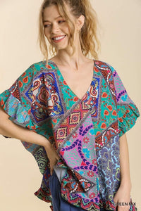 Umgee Printed Top with Ruffled Sleeves in Green Mix Shirts & Tops Umgee   