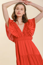 Load image into Gallery viewer, Umgee Ruffled V-Neck Midi Dress in Candy Apple Red Dresses Umgee   
