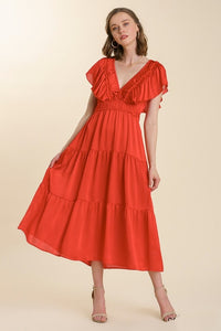 Umgee Ruffled V-Neck Midi Dress in Candy Apple Red Dresses Umgee   