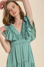 Load image into Gallery viewer, Umgee Ruffled V-Neck Midi Dress in Dusty Mint Dresses Umgee   
