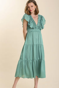 Umgee Ruffled V-Neck Midi Dress in Dusty Mint Dresses Umgee   