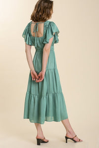 Umgee Ruffled V-Neck Midi Dress in Dusty Mint Dresses Umgee   