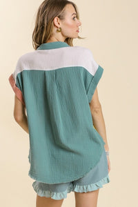 Umgee Color Block Gauze Top in Mint and White Mix Shirts & Tops Umgee   