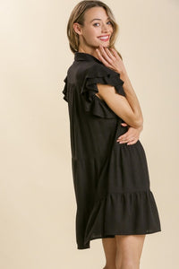 Umgee Black Linen Blend Tiered Dress with Ruffled Sleeves Dresses Umgee   