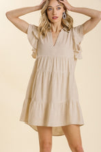 Load image into Gallery viewer, Umgee Oatmeal Linen Blend Tiered Dress with Ruffled Sleeves Dresses Umgee   
