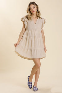 Umgee Oatmeal Linen Blend Tiered Dress with Ruffled Sleeves – June