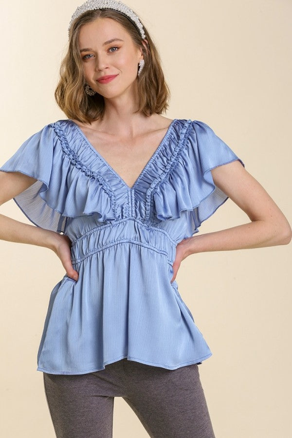 Umgee Ruffled V-Neck Top in Periwinkle FINAL SALE Shirts & Tops Umgee   