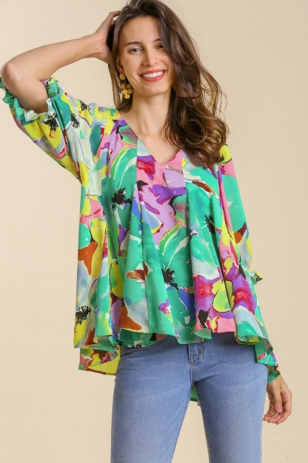 Umgee Bright Floral Print Top in Emerald Mix Shirts & Tops Umgee   