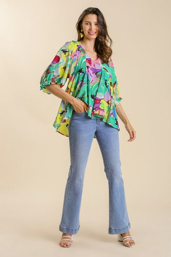 Umgee Bright Floral Print Top in Emerald Mix Shirts & Tops Umgee   