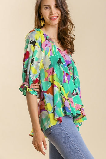 Umgee Bright Floral Print Top in Emerald Mix Shirts & Tops Umgee   
