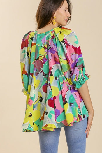 Umgee Bright Floral Print Top in Emerald Mix Shirts & Tops Umgee   