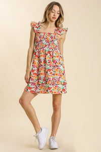Umgee Floral Print Dress with Ruffled Straps in Natural Mix Dresses Umgee   