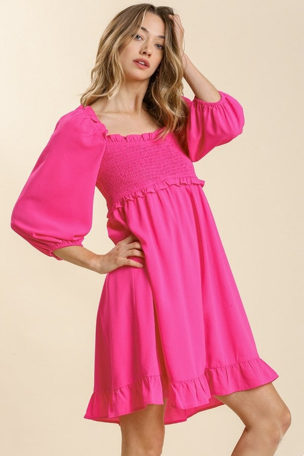 Umgee Smocked Dress with Ruffled Hem in Hot Pink Dresses Umgee   