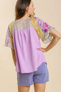 Umgee Lavender Top with Printed Ruffled Sleeves Shirts & Tops Umgee   