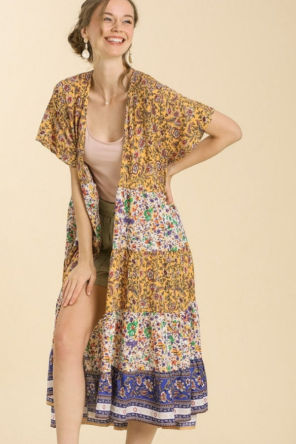 Umgee Mixed Print Tiered Kimono in Mango Mix Kimono Umgee   