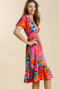 Umgee Orange Mix Floral Print Midi Dress Dresses Umgee   