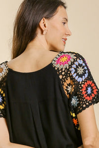 Umgee Black Linen Blend Top with Colorful Crocheted Sleeves- FINAL SALE Shirts & Tops Umgee   