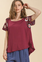 Load image into Gallery viewer, Umgee Burgundy Linen Blend Top with Colorful Crocheted Sleeves Shirts &amp; Tops Umgee   
