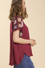 Load image into Gallery viewer, Umgee Burgundy Linen Blend Top with Colorful Crocheted Sleeves Shirts &amp; Tops Umgee   
