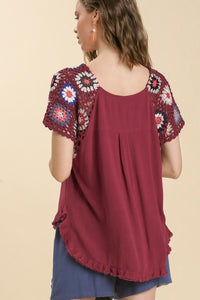 Umgee Burgundy Linen Blend Top with Colorful Crocheted Sleeves Shirts & Tops Umgee   