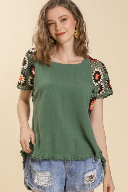 Umgee Forest Green Linen Blend Top with Colorful Crocheted Sleeves Shirts & Tops Umgee   