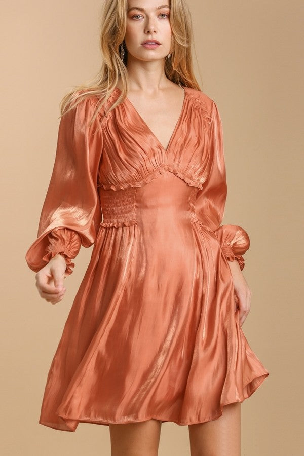 Umgee Burnt Orange Satin Dress with Smocked Details Dresses Umgee   